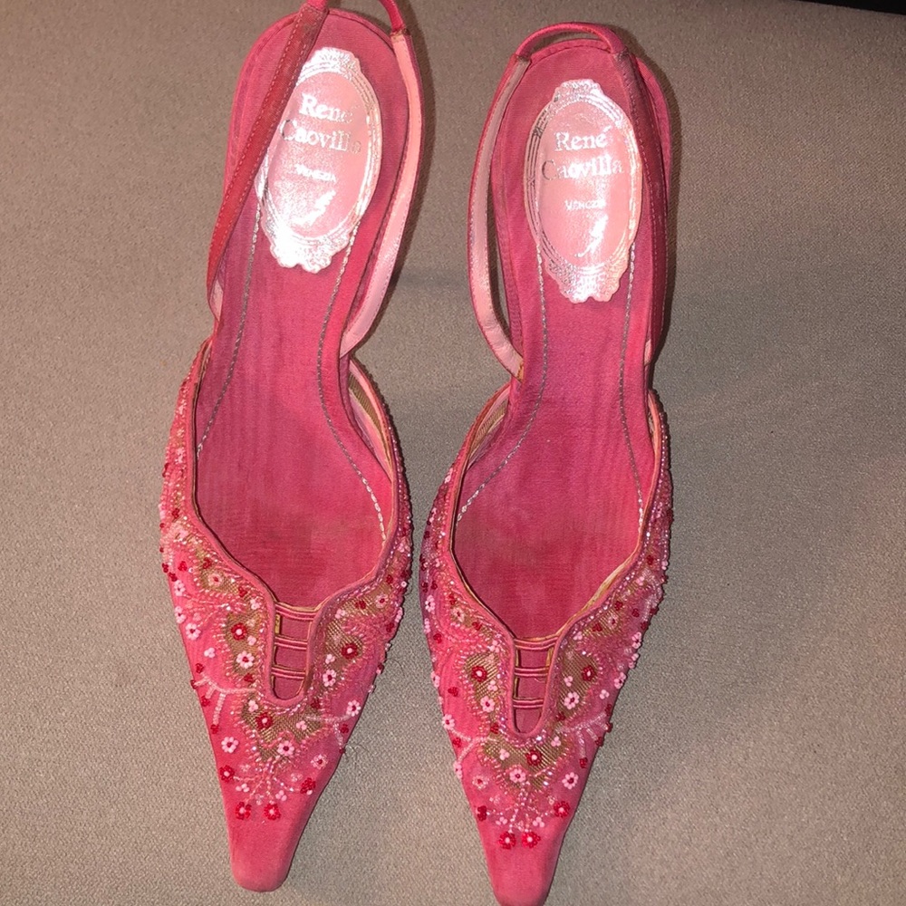 Rene’ Caovilla silk beaded heels. 3 1/2” heel height.